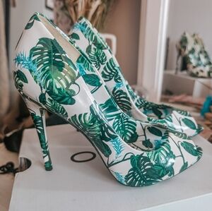 Leaf Print Open Toe Heels